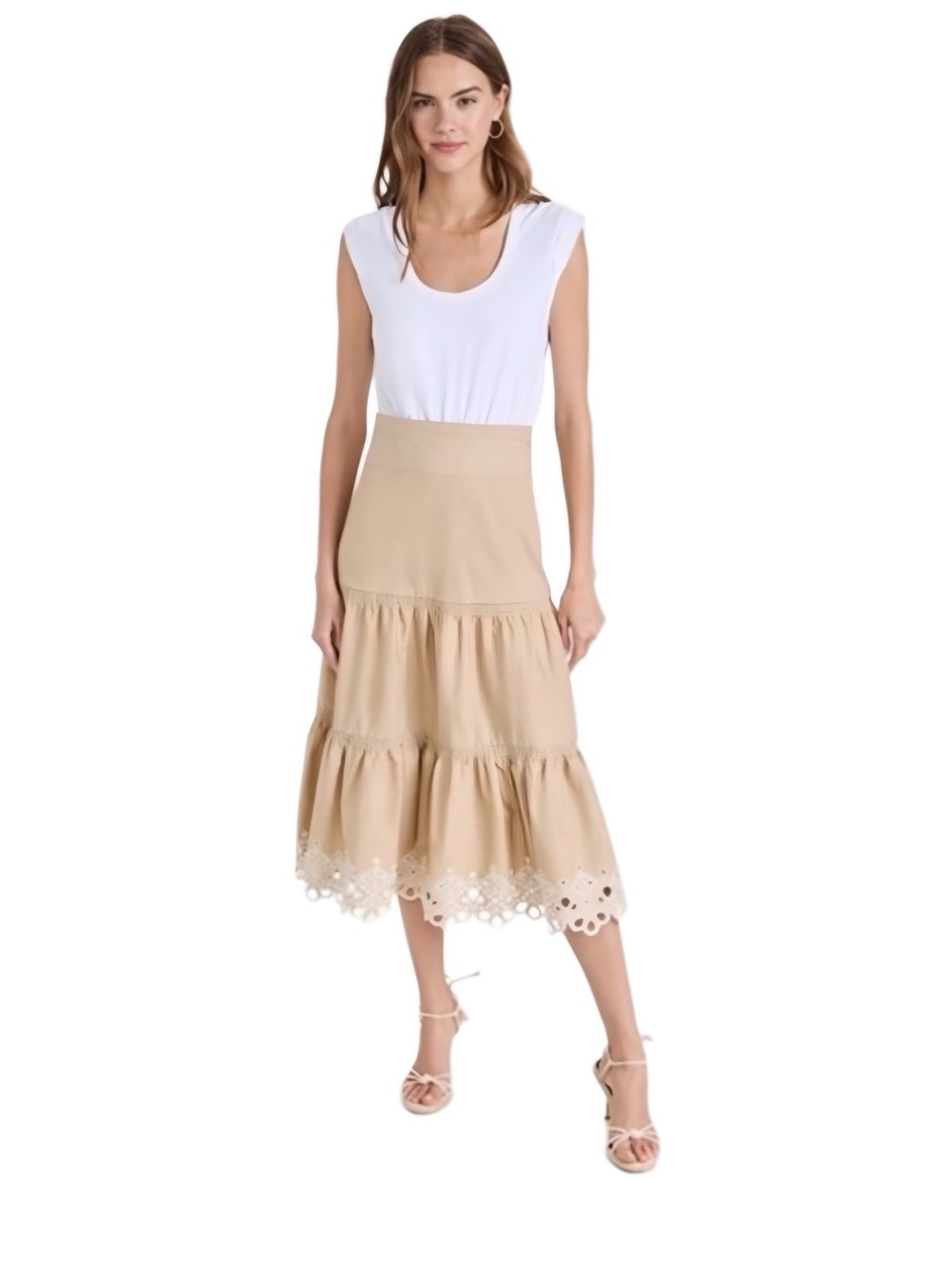Veronica Beard Amelia Jersey and Tiered Eyelet Midi Dress